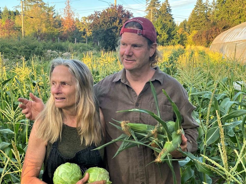 Two people stand in a field of tall crops, holding cabbage and corn.
