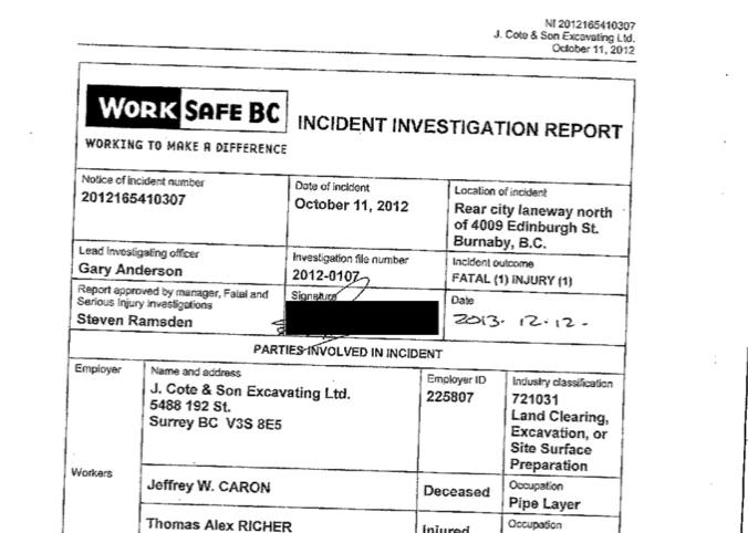 A screenshot of a WorkSafeBC report.