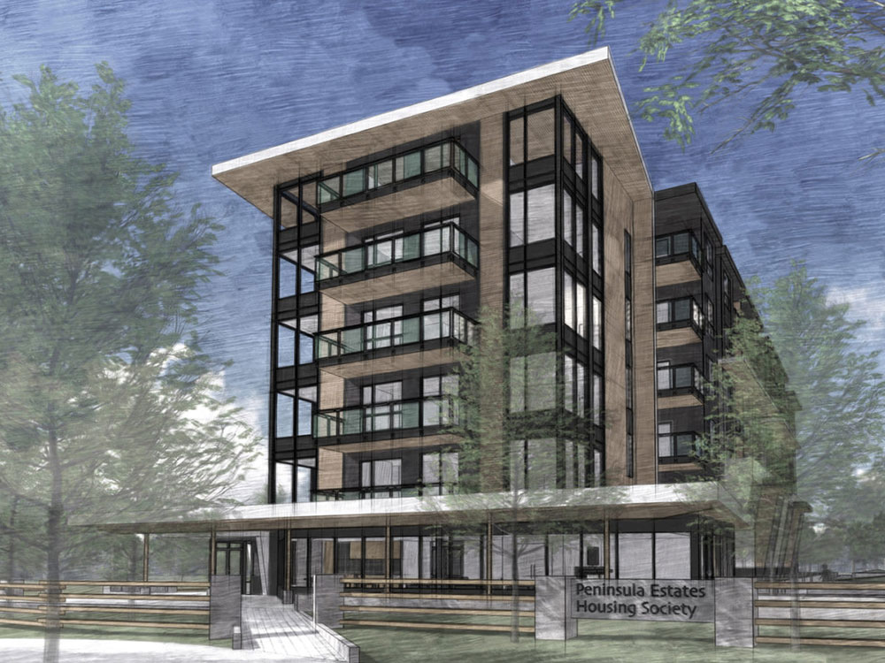 Rendering of a modern-looking six-storey apartment building surrounded by street trees with a blue sky in the background.