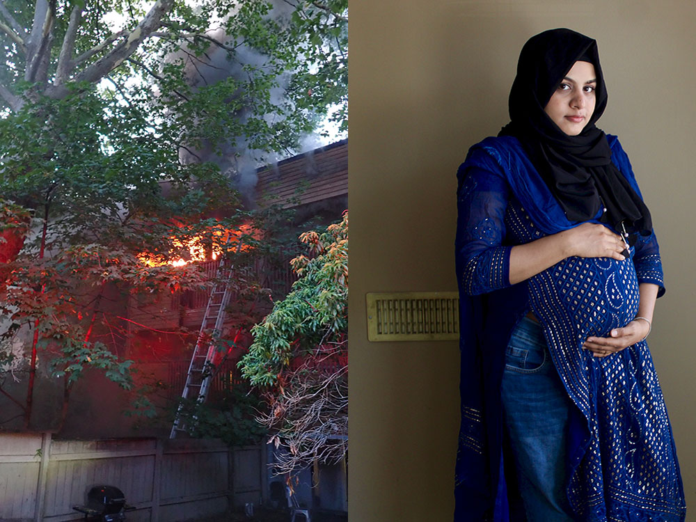 A side-by-side of two images: a burning apartment building on the left, a pregnant woman on the right.