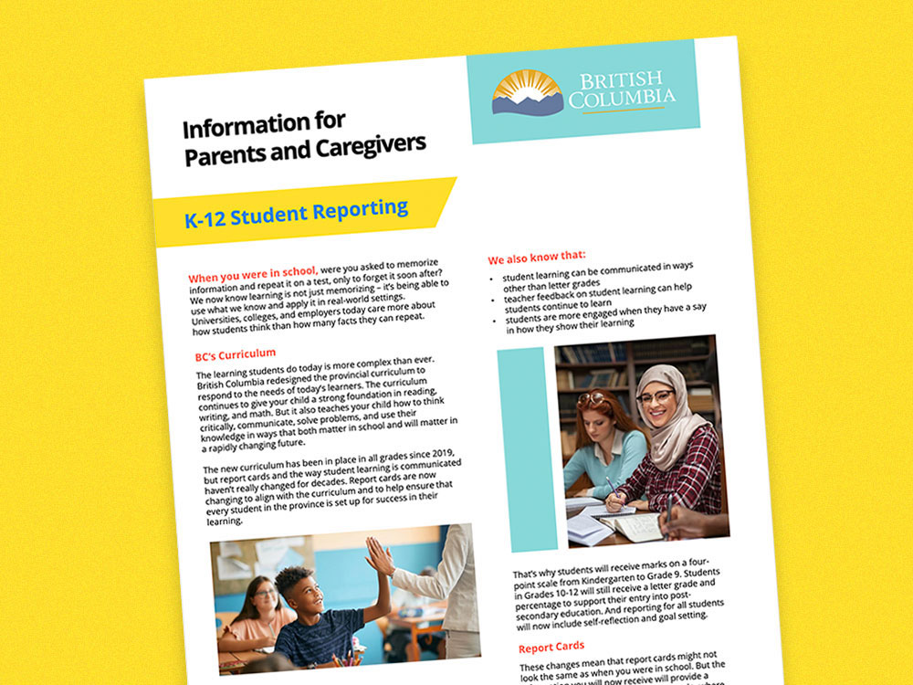 Screenshot of the province&rsquo;s two-page information booklet about the grading change, designed for parents and caregivers.