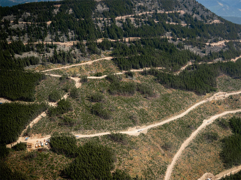 An aerial view of deteriorating coal roads.