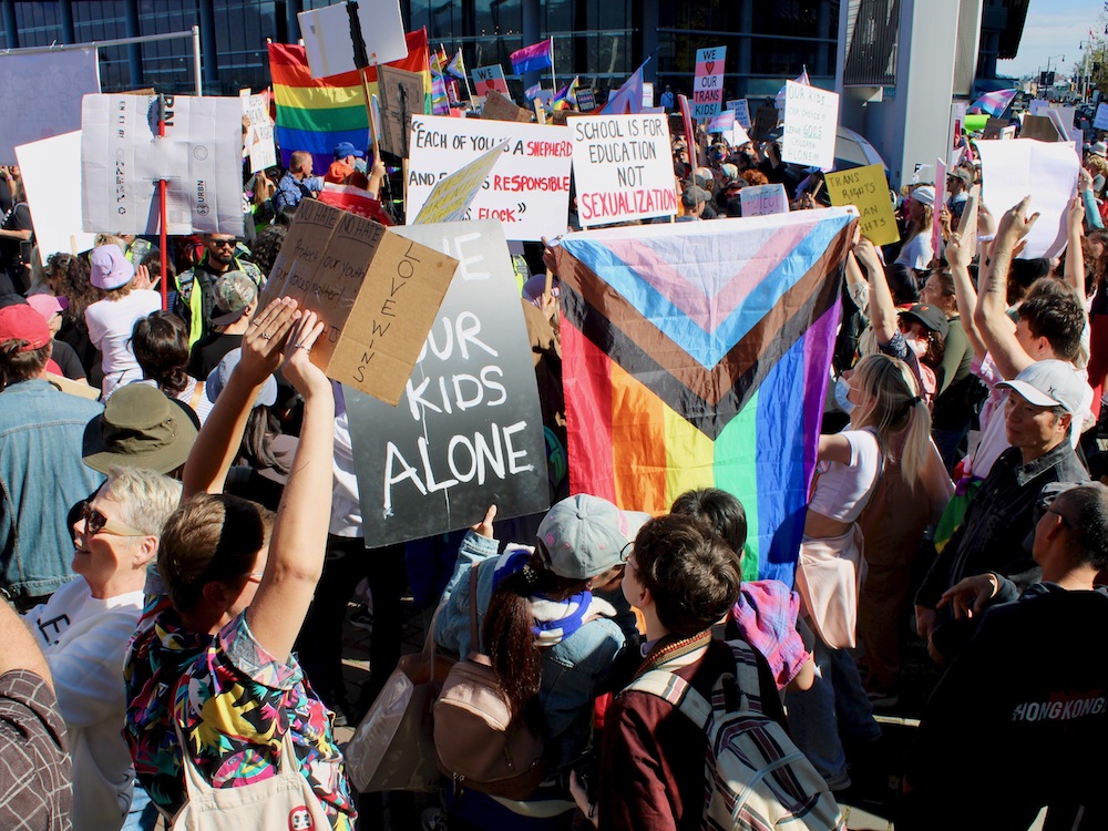 Groups of protesters and counter-protesters meet at an anti-SOGI rally.