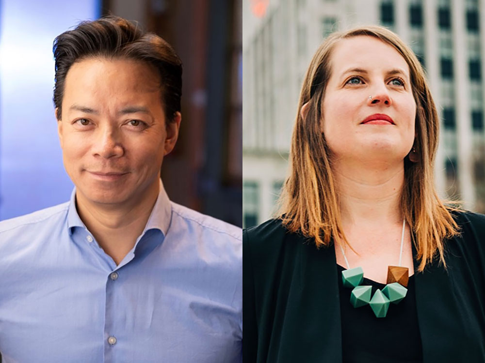 A two-panel image features Ken Sim on the left and Christine Boyle on the right. Sim has short black hair and is wearing a light blue button-up shirt. He is looking directly at the camera. Boyle has shoulder-length blonde hair and is wearing a black top with a necklace featuring bold geometric green and brown beads. She is looking up and away. Both are smiling slightly.