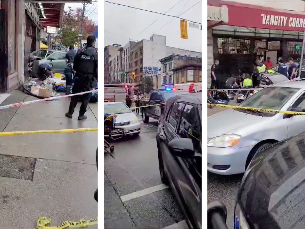A split panel image of three vertical photos show first responders attempting to treat someone on a taped-off city sidewalk.