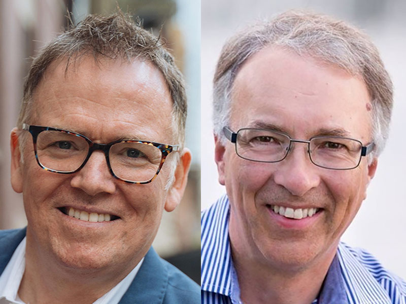 A white man with styled hair and tortoise shell glasses smiles at the camera, wearing an open-necked white shirt and light blue sports jacket. A second image shows an older white man wearing a blue shirt with white stripes, smiling.