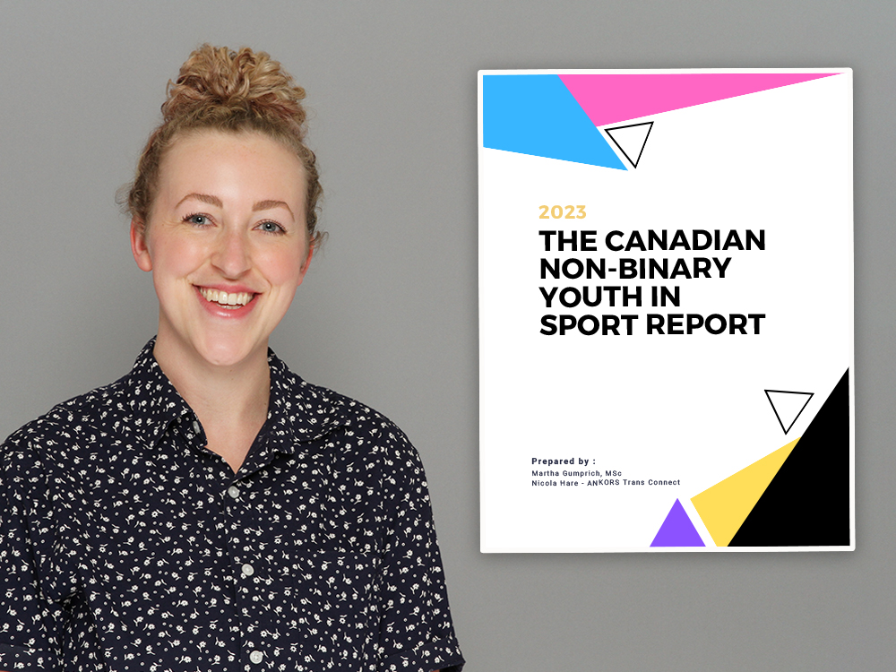 A light-skinned non-binary person with their curly hair in a bun smiles at the camera. To the right, the colourful cover of 'The Canadian Non-Binary Youth in Sport Report.'