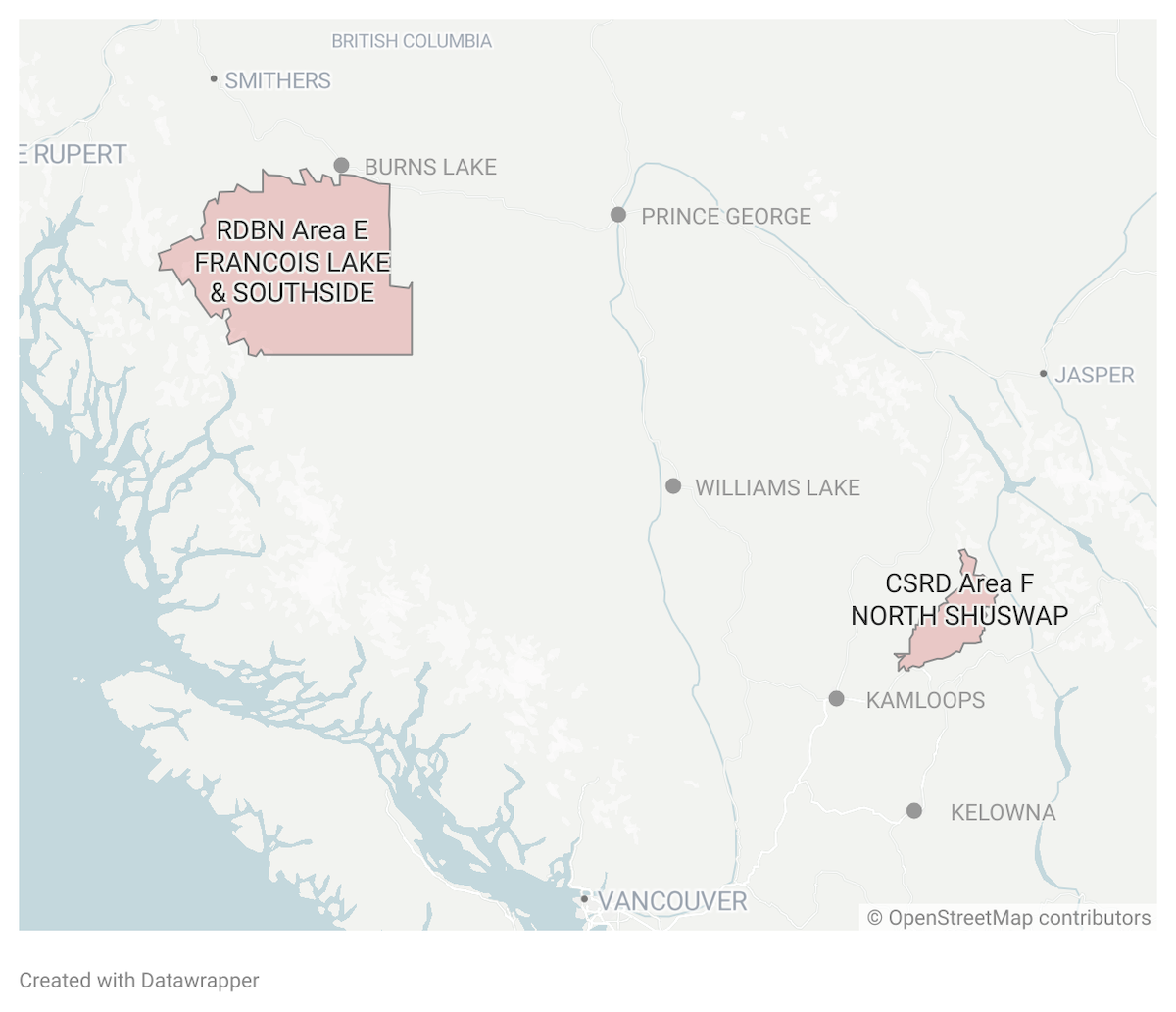 In the top left corner of the map, just below Burns Lake, an area is outlined that says 'RDBN Area E Francois Lake and Southside.' In the bottom right corner of the map, just above Kamloops, an area is outlined that says 'CSRD Area F North Shuswap.'