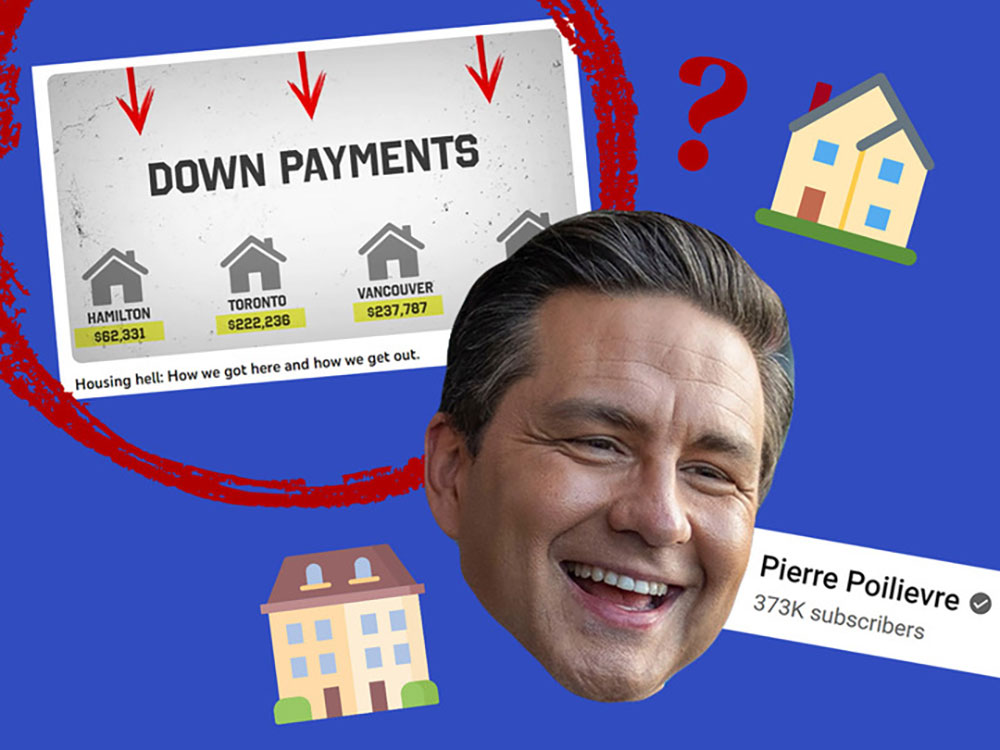 A collage against a royal-blue background shows a smiling white man, an image of a house, a chart showing required down payments and other images.