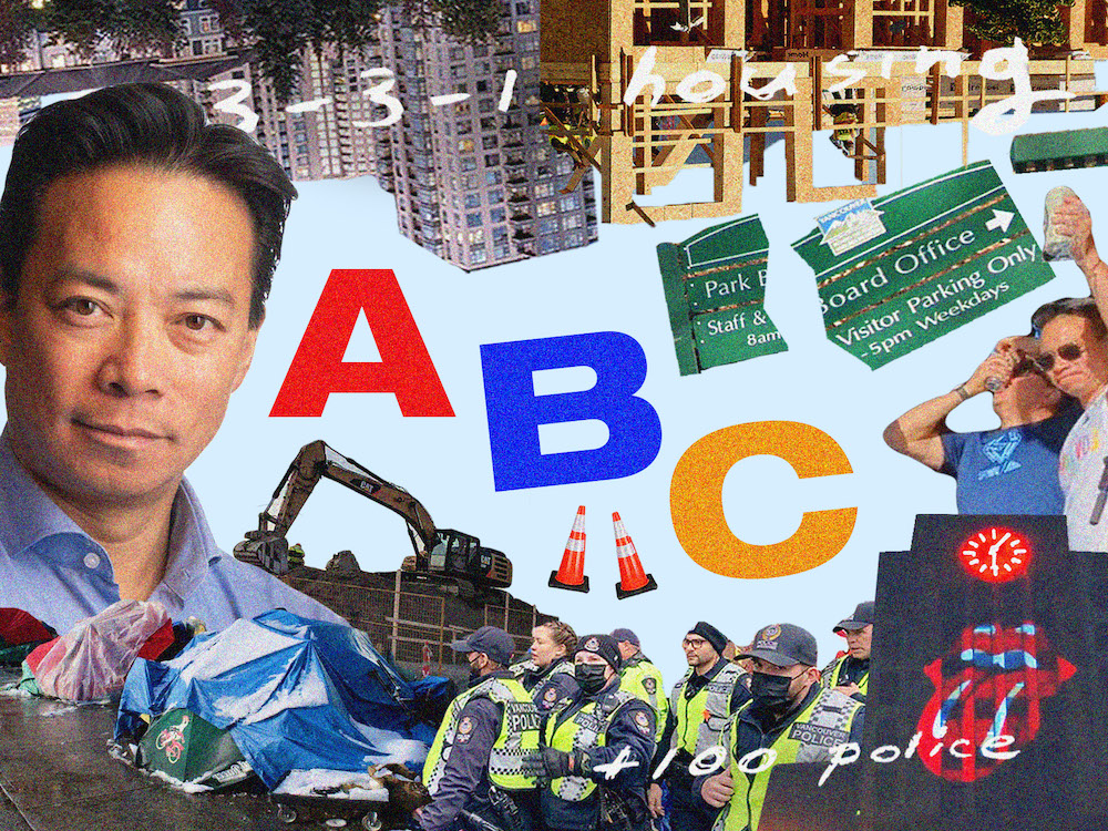 A photo collage features the letters 'ABC' in bold primary colours across the centre of the frame. To the left, a formal headshot of Vancouver Mayor Ken Sim in a blue button-down shirt rises above a tent city, a group of police officers and the facade of Vancouver City Hall. To the right of the frame, a green sign for Vancouver&rsquo;s park board office is ripped in half.