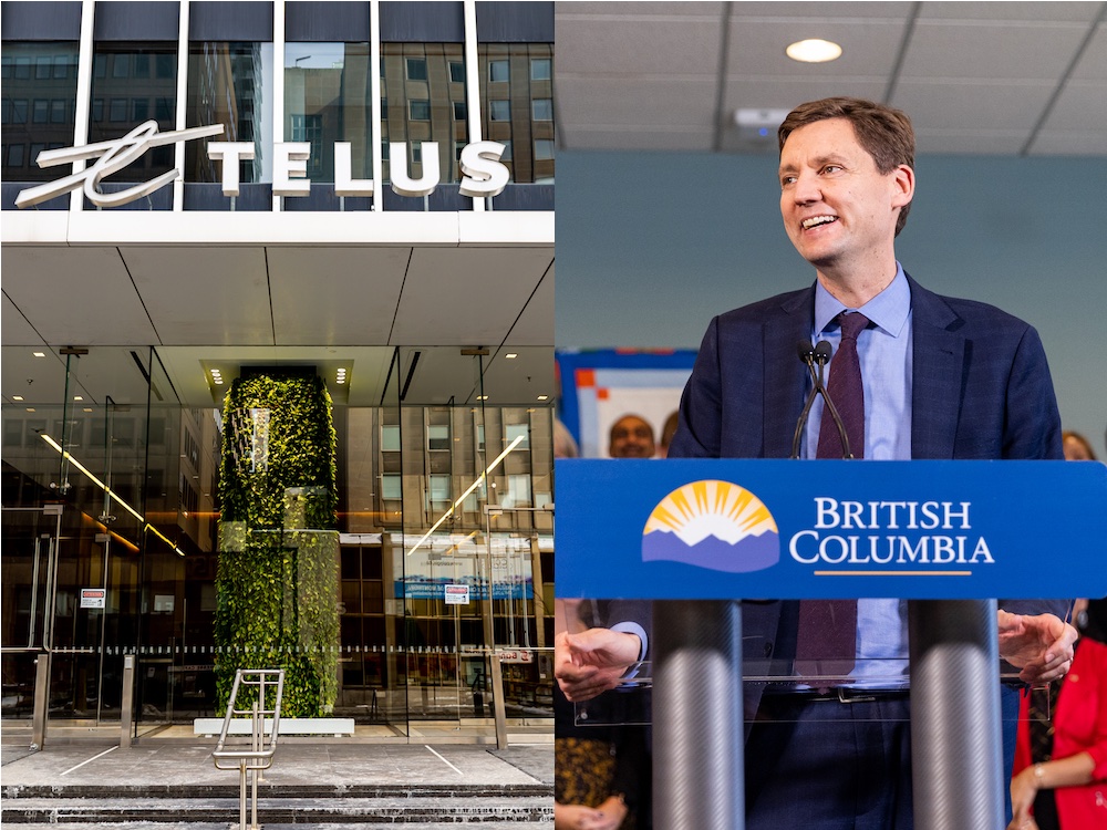 Two images are side by side. On the left, a silver Telus logo is over the doors to an office building. On the right, a 47-year-old white man with dark hair stands at a podium, wearing a dark blue suit, pale blue shirt and reddish tie.