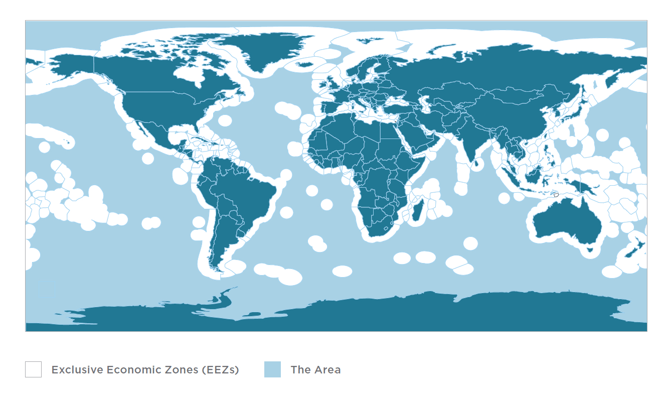 A map shows the continents and nationally claimed areas of the seabed.