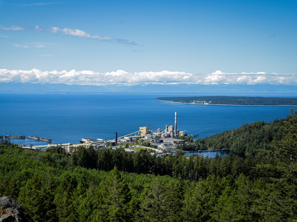 An aerial photograph shows the paper mill from above, next to the ocean. The area is surrounded by evergreens.