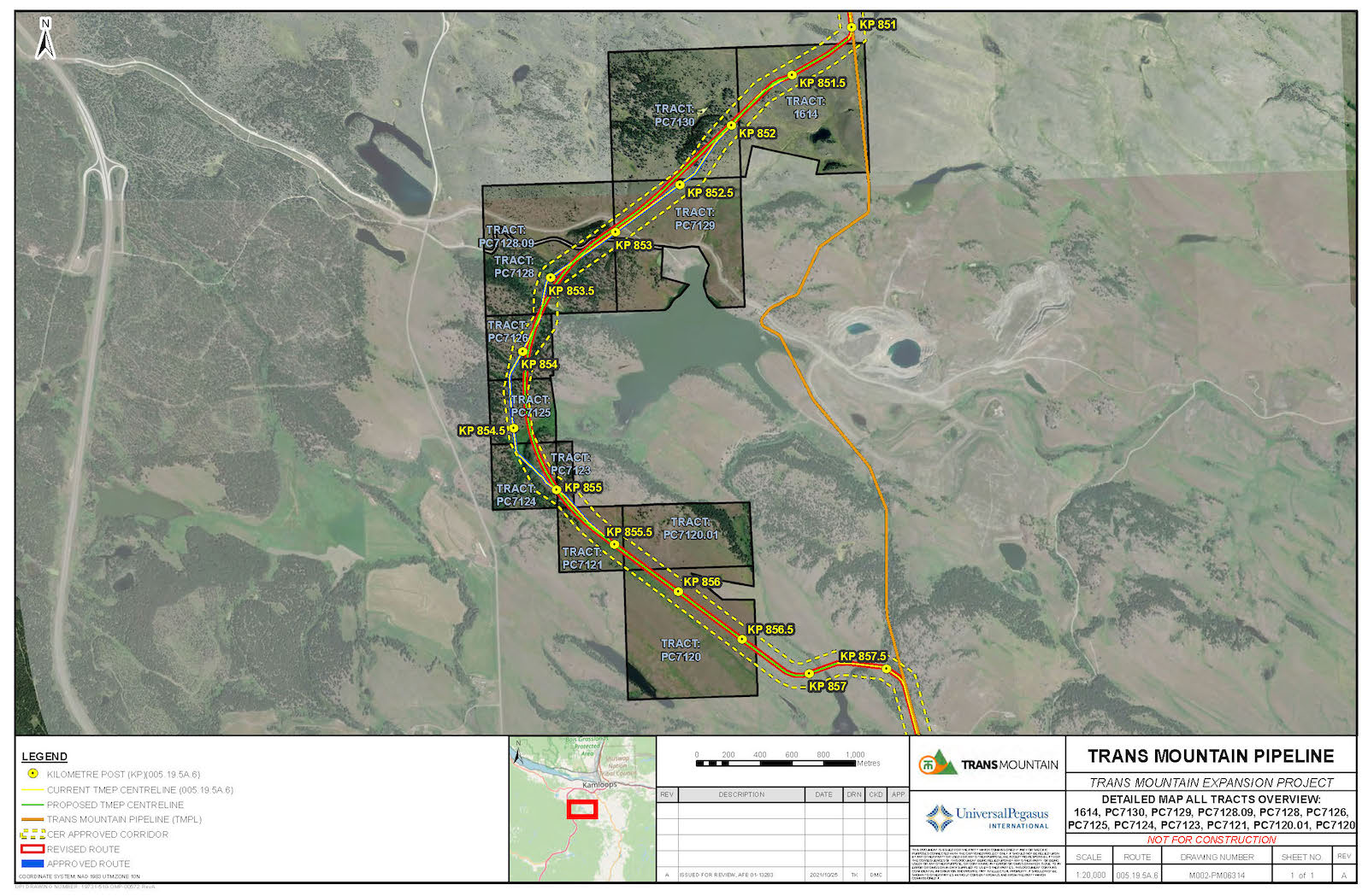 A map shows a vertical orange line with another series of lines diverging to the left. The lines on the left include kilometre markers that begin at 851 and end at 857.