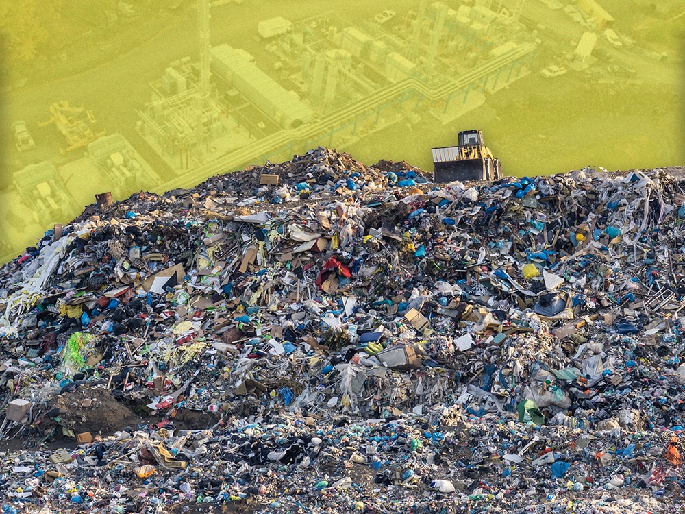 A photo collage shows a large heap of landfill with a tractor on top, merged with an aerial view of a gas plant.