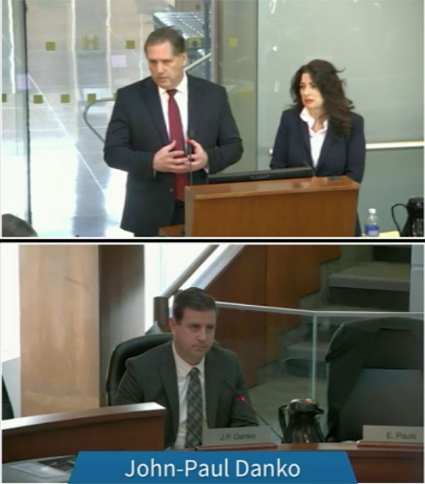 Two photos are stacked vertically. In the first, two people in suits present in front of a podium. Below, another person in a suit watches their presentation.