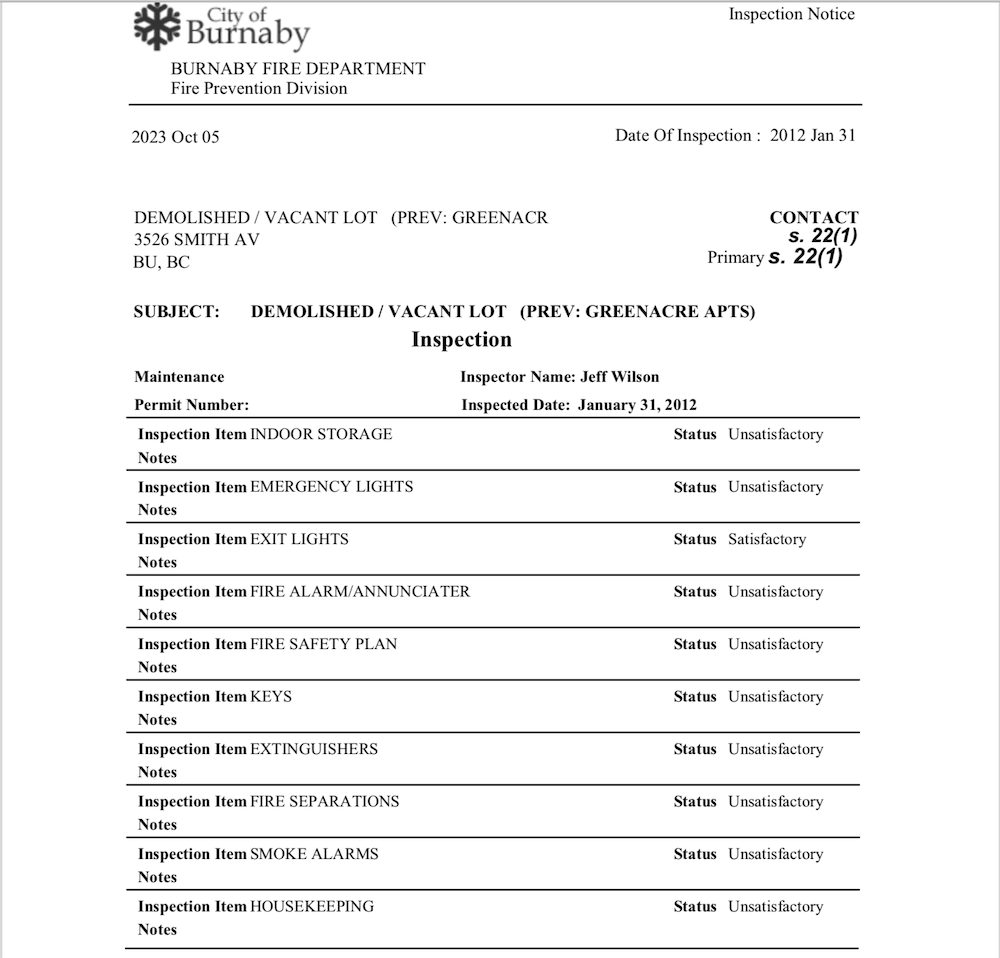 Two stacked screenshots of documents show issues with emergency lights, fire breaks, smoke alarms, fire doors, fire safety plans, fire extinguishers, etc.