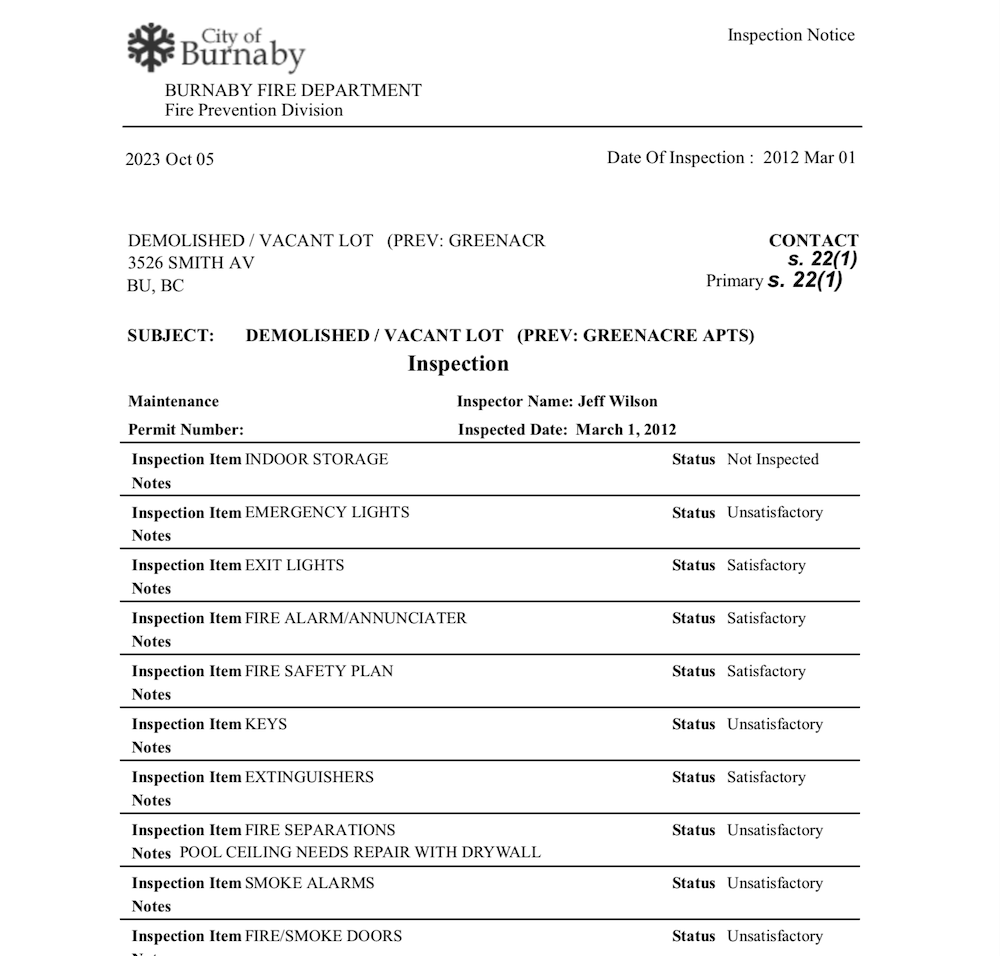 Two stacked screenshots of documents show issues with emergency lights, fire breaks, smoke alarms, fire doors, fire safety plans, fire extinguishers, etc.