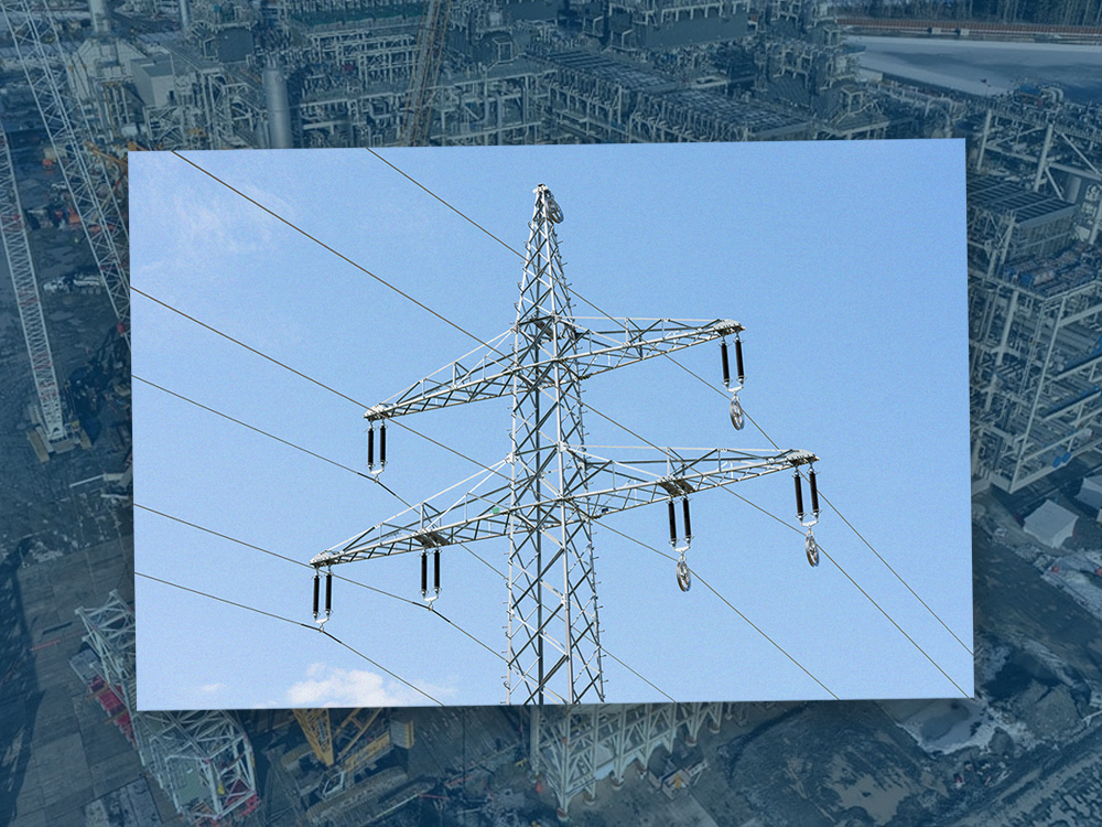 In the background, an LNG facility covered by a transparent blue layer. In the foreground, a transmission tower for electricity.