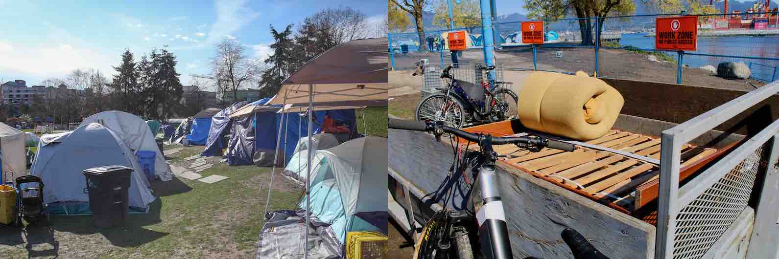 Two photos side by side. On the left, about a dozen tents, some covered by tarps, on a stretch of patchy grass. On the right, a foam mattress and wooden platform are in a container.
