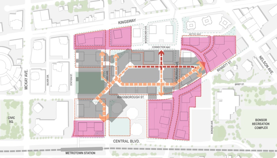 A white aerial map with pink and green colourways highlights the first phase of the Metropolis redevelopment.