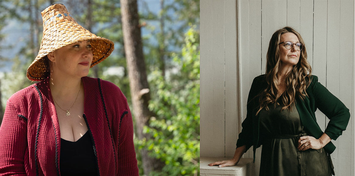 On the left, an Indigenous woman wears a woven hat and looks to her left. On the right, a woman with light skin tone and long blond-brown hair looks to her left.