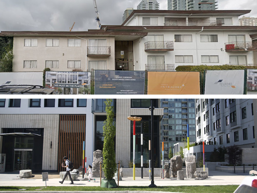 On the top, the image of an old walk-up apartment building surrounded by a fence, with ads promising new condos. On the bottom, a sleek completed tower with a mid-rise beside it.
