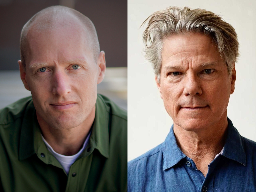Photos of two men side by side, both looking directly at the camera. On the left, a light-skinned man with buzz cut blond hair, wearing a green collared shirt over a white T-shirt. On the right, a light-skinned man with short wavy greyish-blond hair, wearing a blue collared shirt.