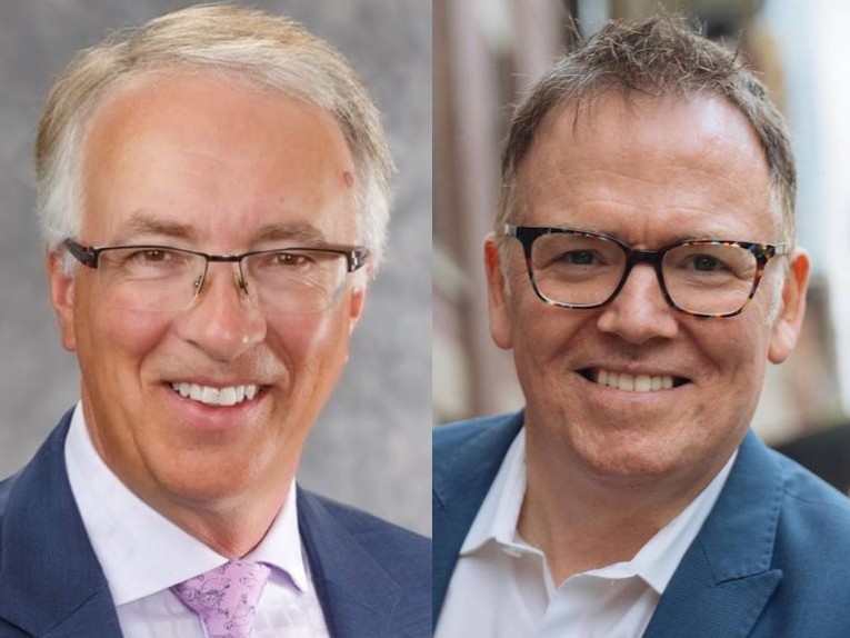 Two photos. On the left, an older grey-haired man wearing glasses smiles at the camera. He wears a blue suit, white jacket and pinkish tie. On the right, a slightly younger man with styled hair and wearing similar clothes also smiles at the camera.