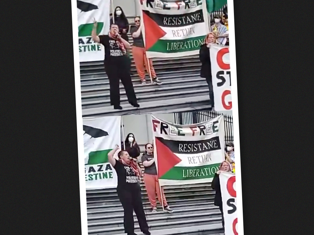 A photo illustration shows two images of a person with light skin tone and dressed in black, speaking into a microphone with their arm upraised. A sign behind her reads 'Free Free Resistance Return Liberation.'