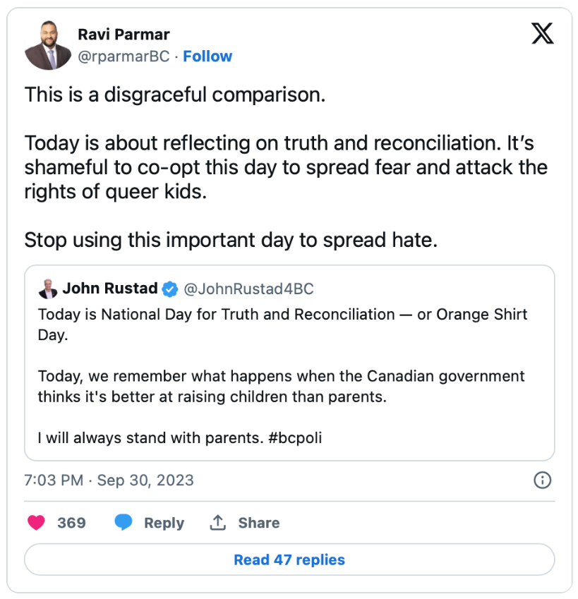 A post from the social media site X shows Ravi Parmar commenting on a post made by John Rustad.