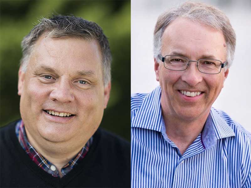 Two photos are side by side. One shows a light-skinned, round-faced man wearing a sweater outdoors. The other shows a smiling grey-haired man wearing a blue striped shirt.