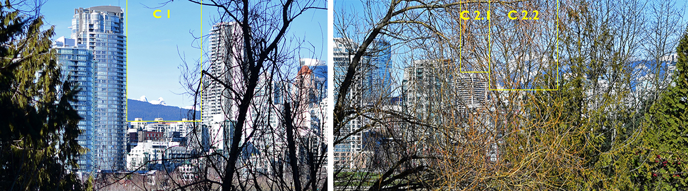 An annotated panorama of Vancouver’s downtown features two side-by-side images of highrise condo towers with branches and trees in the foreground. From left, they are labelled and marked with yellow lines and numbers as C 1, C 2.1 and C 2.2.