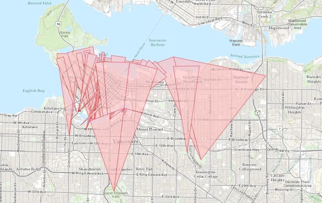 A map of Vancouver features several cone-shaped red triangles that depict protected views of the North Shore mountains from numerous vantage points across Vancouver.