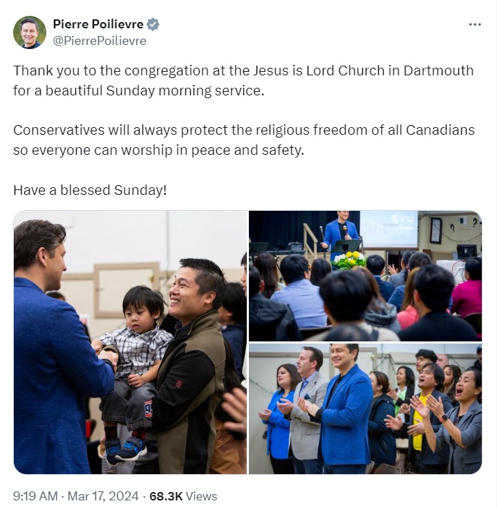 A screenshot of a post on the social media platform X describes a visit that Pierre Poilievre made to the Jesus Is Lord Church in Dartmouth, Nova Scotia. The post includes three photos of Poilievre, in blue, with members of the congregation.