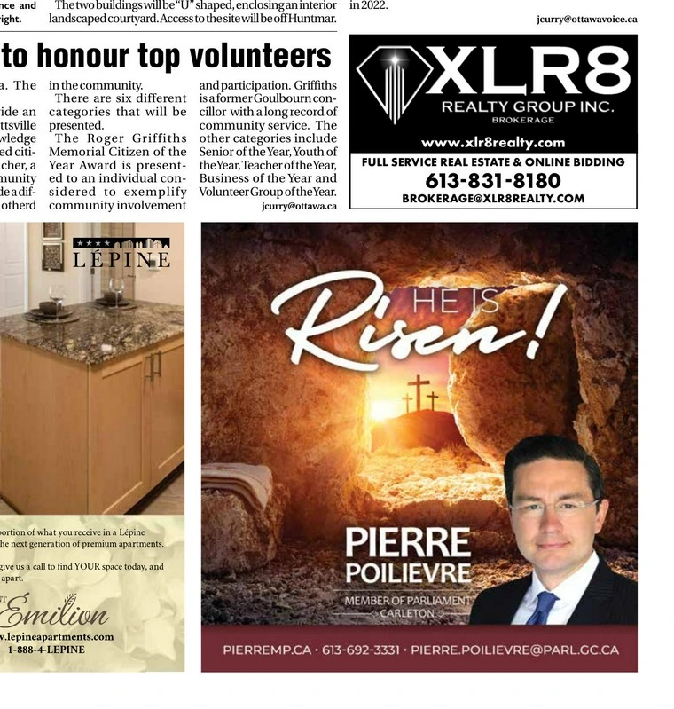 A newspaper ad features a headshot of Pierre Poilievre in glasses and a black suit against a graphic of a stony cave looking out to three crosses at sunset that reads 'He is risen! Pierre Poilievre.' To the left of the ad are other newspaper ads and snippets of newspaper articles.