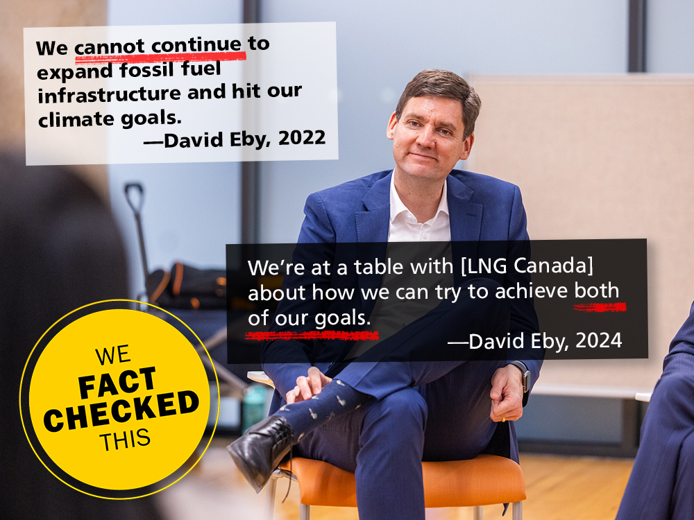 A man with a fair complexion and dark hair sits with one leg crossed over the other and appears to be listening to someone just outside the frame. The man is wearing a dark blue suit and white shirt. Two quotes are superimposed: 'We cannot continue to expand fossil fuel infrastructure and hit our climate goals.' &mdash; David Eby, 2022. 'We&rsquo;re at a table with [LNG Canada] about how we can try to achieve both of our goals.' &mdash;David Eby, 2024. A yellow badge reading 'We Fact-Checked This' also appears.