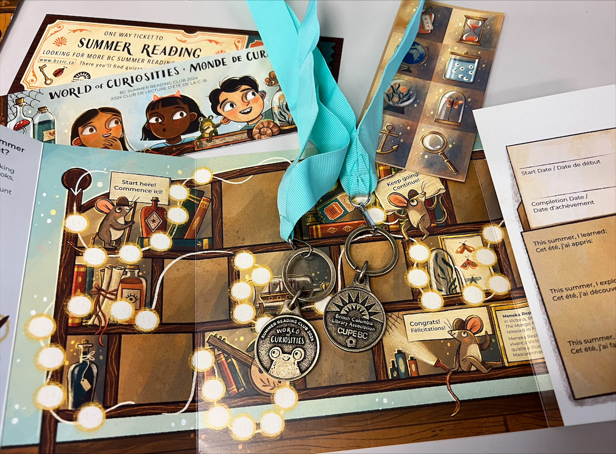The inside of the BC Summer Reading Club reading record. The paper record opens in the middle like a cabinet, and inside is a drawing of an empty cabinet, with patio lights strung around it. Reading medals with light blue ribbons lie on top of the reading record, and there are bookmarks in the background.