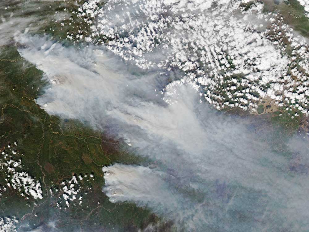 A satellite image from space shows a large stretch of forest, with some clouds overhead.