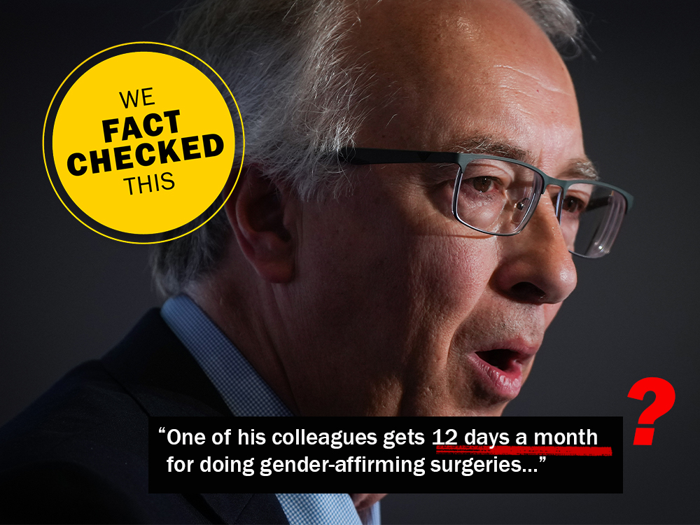 A photo of John Rustad, a 60-year-old white man, is embellished with a yellow circle saying 'We Fact Checked This' and a quote from him saying 'One of his colleagues gets 12 days a month for doing gender-affirming surgeries...'