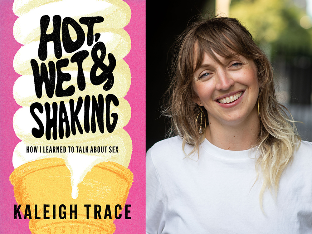 A diptych. On the left, the cover of 'Hot, Wet and Shaking.' On the right, an author photo of Kaleigh Trace, a woman with light skin tone and long, light brown hair that goes blond at the tips. She&rsquo;s smiling at the camera.