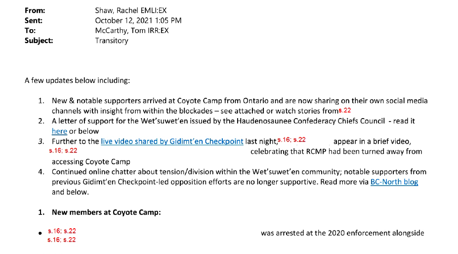 An email from Rachel Shaw to Tom McCarthy dated Oct. 12, 2021. It begins, 'A few updates below including new and notable supporters arrived at Coyote Camp from Ontario and are now sharing on their own social media channels.' Portions of the email are blanked out.
