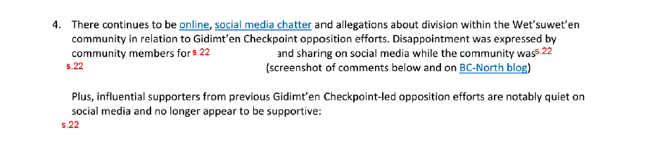 The image shows black text on a white background, with S 22 written in red where portions are blanked out. It begins, 'There continues to be online, social media chatter and allegations about division within the Wet’suwet’en community in relation to Gidimt’en Checkpoint opposition efforts.'