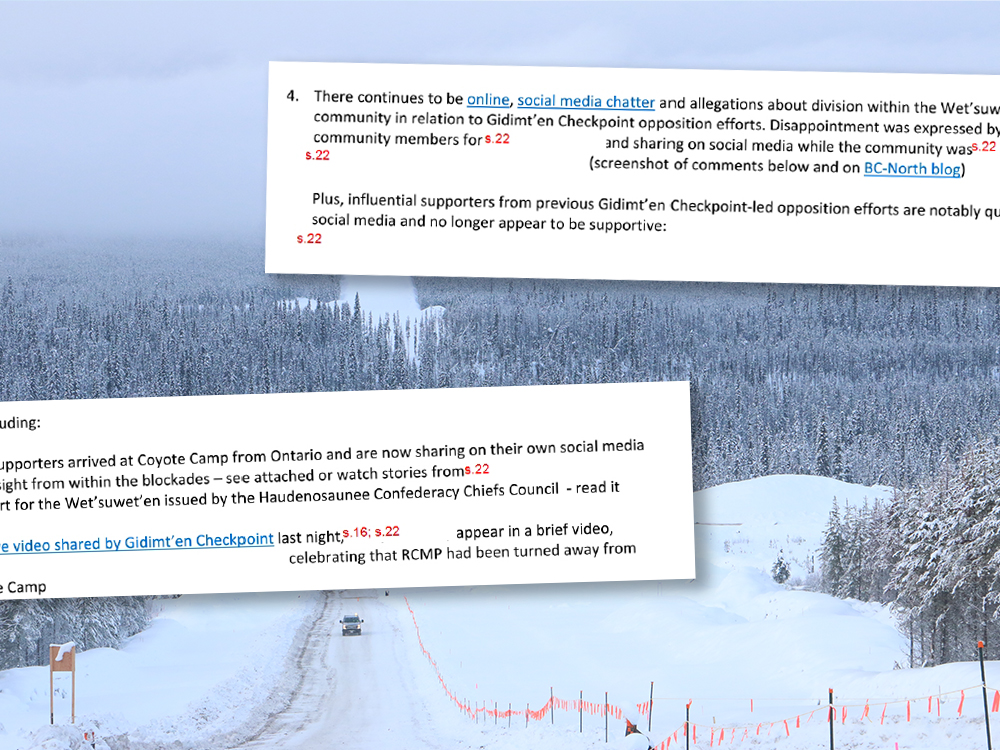 Two emails are excerpted in part and overlaid against a snowy backdrop showing the in-progress Coastal GasLink pipeline.