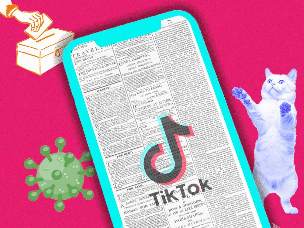 A smartphone floats in the centre of the frame. The screen is plastered in an old-fashioned newspaper with the word 'TikTok' in the centre. Comic images of a dancing cat, a ballot box and the coronavirus float in the background.
