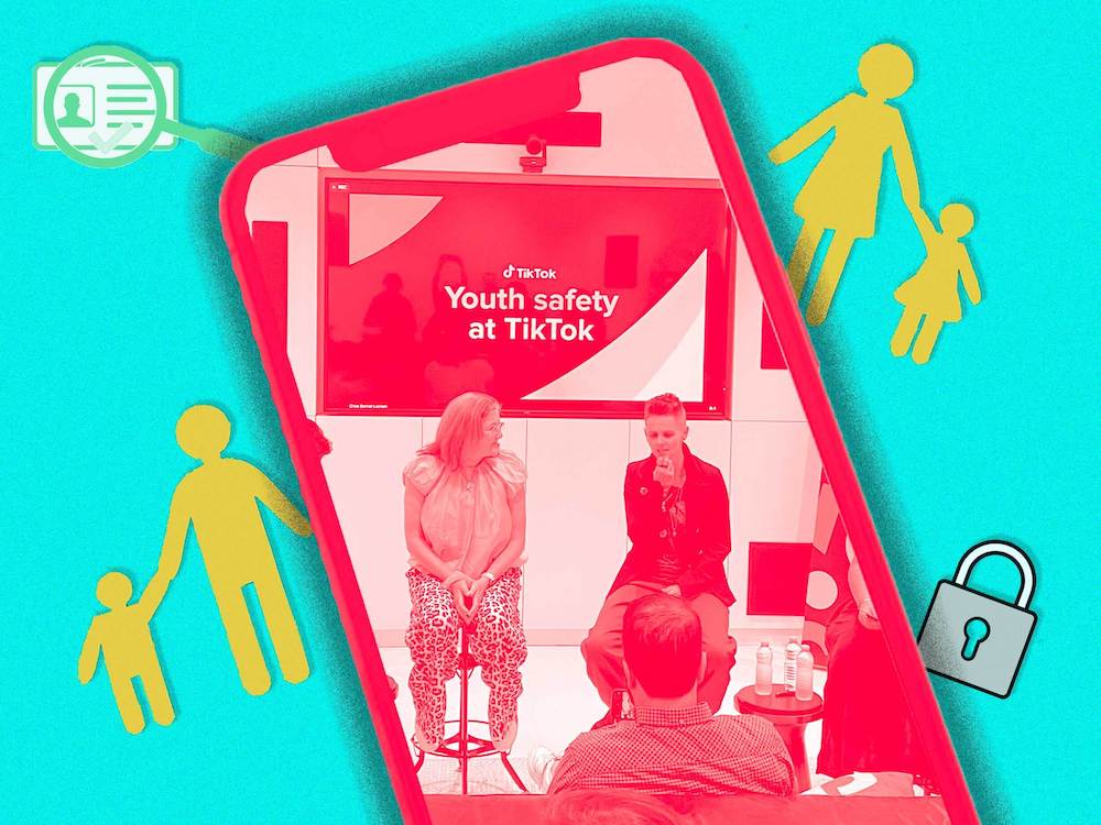 A colourful collage shows a phone with the TikTok logo and a workshop background: 'Youth Safety at TikTok.' Two people sit on stools, addressing the workshop.