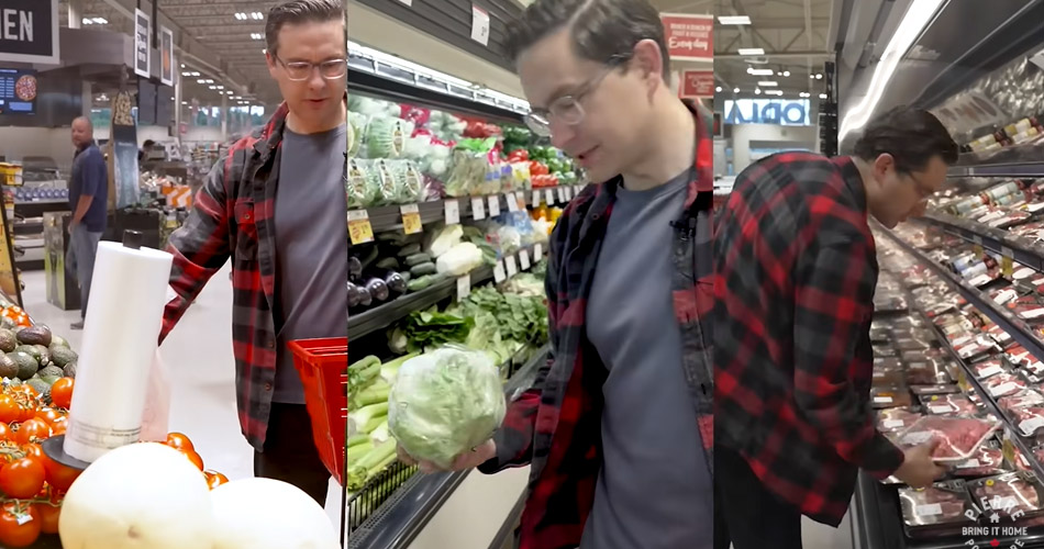 A three-panel image depicts Pierre Poilievre in a red flannel shirt over a grey T-shirt shopping at a supermarket.