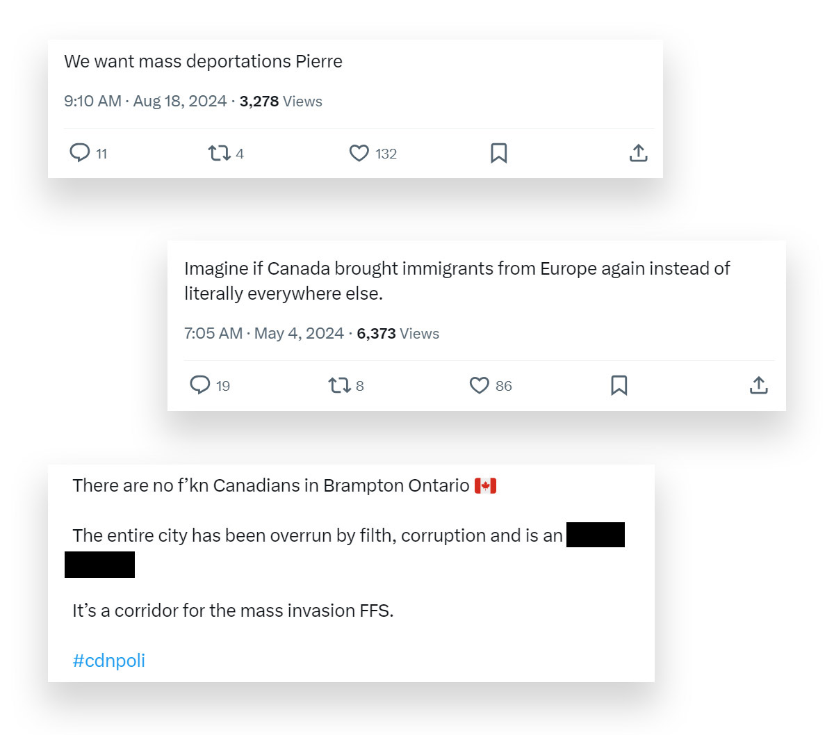 Three white screencaps of social media posts on X include anti-immigration sentiments and calls for deportation.