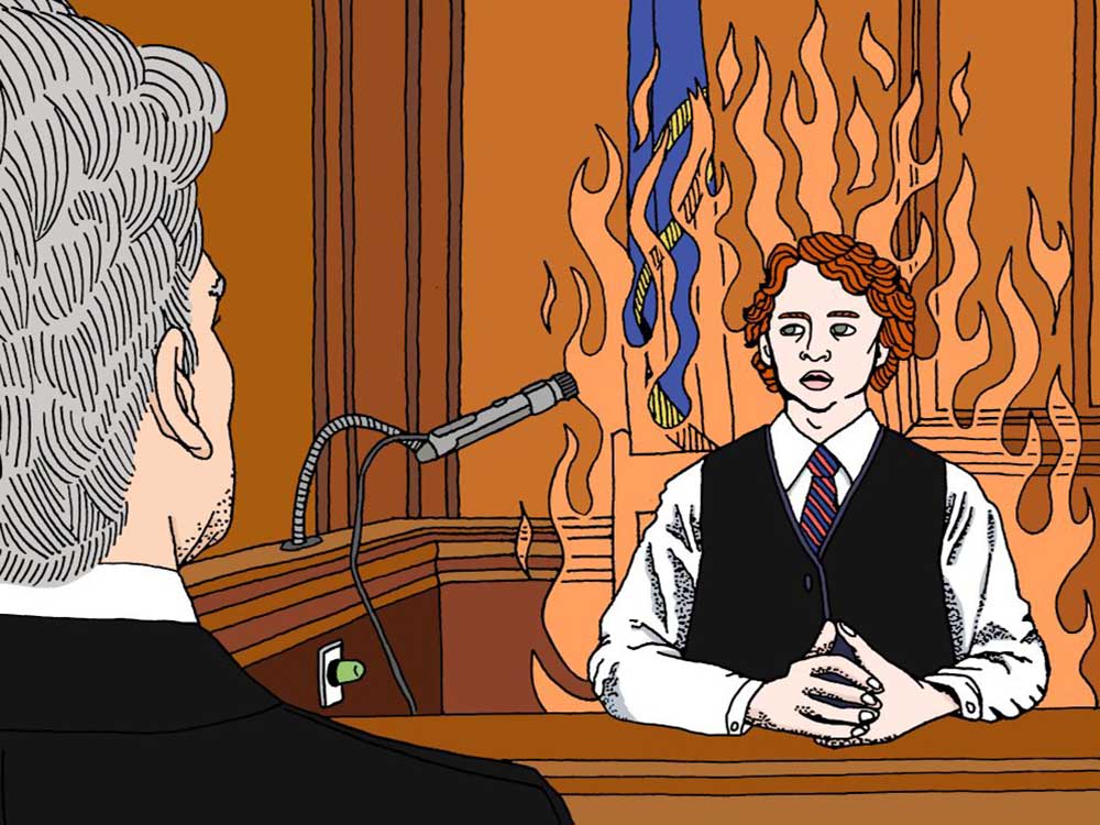 An illustration depicts a person with light skin and short red hair seated on a courtroom witness stand, surrounded by flames, while facing a grey-haired person in a suit with their back to the viewer.