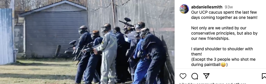 On the left, a photo of a group of people playing paintball dressed in protective gear. On the right, a tweet by @abdaniellesmith that begins 'Our UCP caucus spent the last few days coming together as one team!'